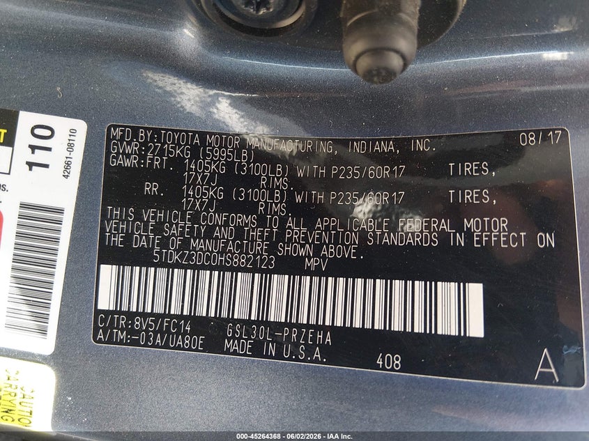 2017 Toyota Sienna VIN 5TDKZ3DC0HS882123 IAAI salvage auction — LEFT FRONT, Salvage Title, sold $3,850 on 2026-07-22 (photo 9)