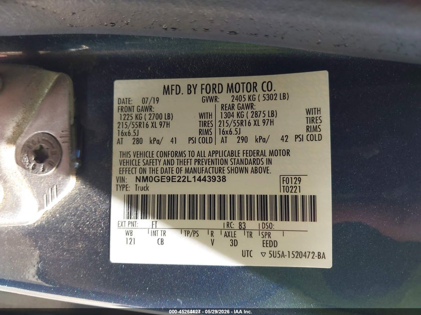 2020 Ford Transit connect VIN NM0GE9E22L1443938 IAAI salvage auction — NORMAL WEAR, Sf97 (Michigan), sold $13,275 on 2026-07-14 (photo 9)