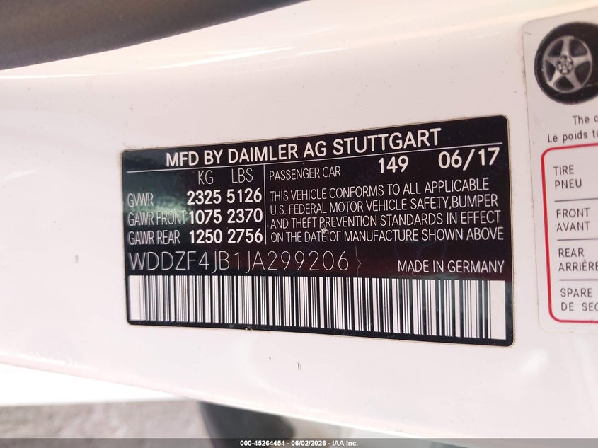 2018 Mercedes-benz E-klasse VIN WDDZF4JB1JA299206 IAAI salvage auction — MECHANICAL, Salvage Title, sold $6,800 on 2026-07-07 (photo 9)