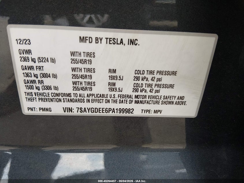2023 Tesla Model y VIN 7SAYGDEE6PA199982 IAAI salvage auction — HAIL, Salvage Title, sold $14,100 on 2026-07-30 (photo 9)
