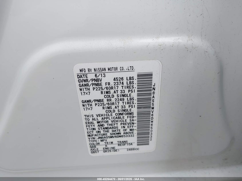 2013 Nissan Rogue VIN JN8AS5MV6DW650332 IAAI salvage auction — LEFT REAR, Salvage Title, sold $725 on 2026-07-22 (photo 9)