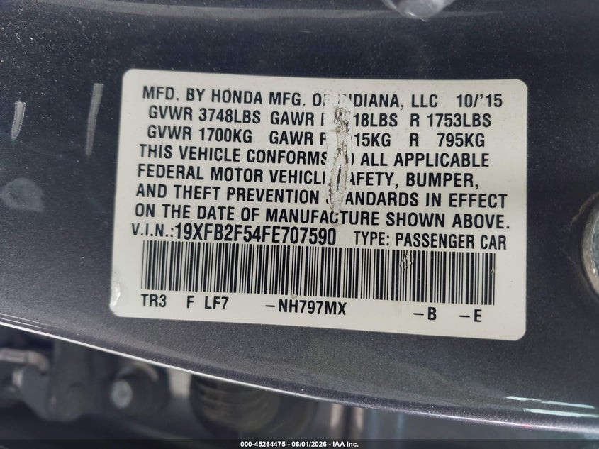 2015 Honda Civic VIN 19XFB2F54FE707590 IAAI salvage auction — RIGHT FRONT, Salvage Title, sold $1,500 on 2026-07-22 (photo 9)