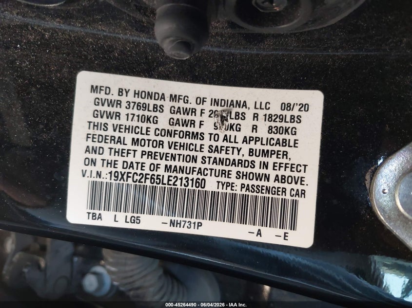 2020 Honda Civic VIN 19XFC2F65LE213160 IAAI salvage auction — REAR END, Salvage Title, sold $3,900 on 2026-07-22 (photo 9)