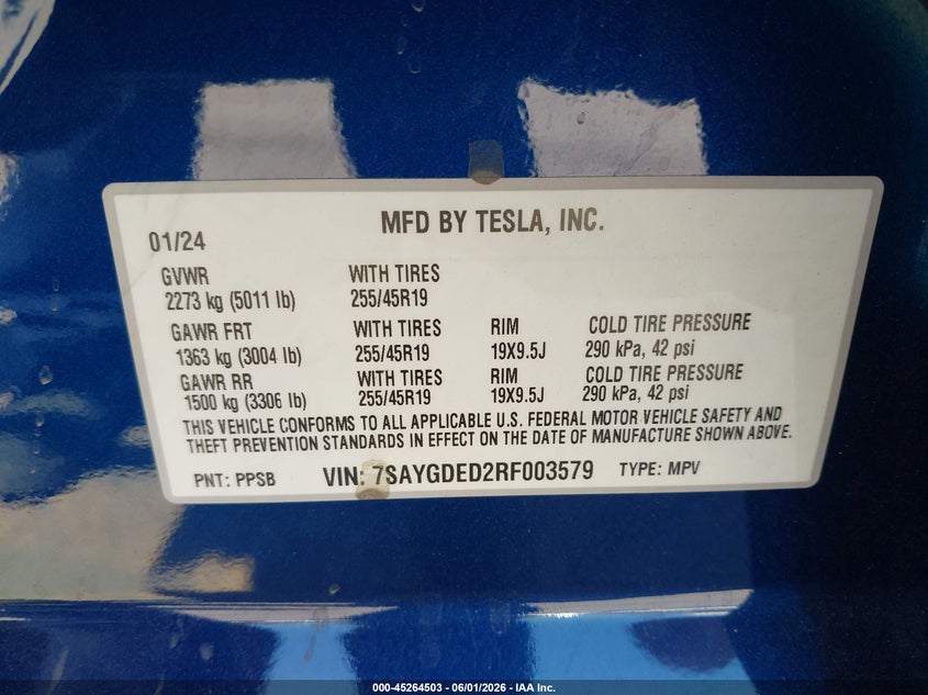 2024 Tesla Model y VIN 7SAYGDED2RF003579 IAAI salvage auction — FRONT END, Salvage Title, sold $9,600 on 2026-08-03 (photo 9)