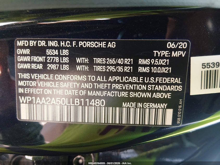 2020 Porsche Macan VIN WP1AA2A50LLB11480 IAAI salvage auction — UNDERCARRIAGE, Original (Texas), sold $16,000 on 2026-07-28 (photo 9)