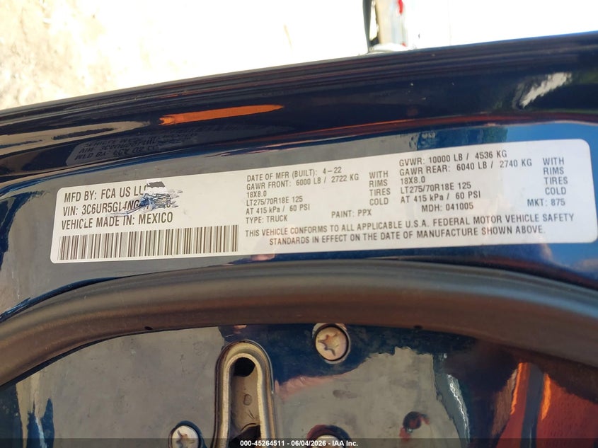 2022 Ram 2500 VIN 3C6UR5GL4NG271626 IAAI salvage auction — LEFT SIDE, Salvage Title, sold $16,100 on 2026-07-30 (photo 9)