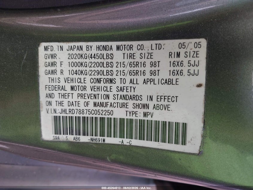 2005 Honda Cr-v VIN JHLRD78875C052250 IAAI salvage auction — NORMAL WEAR, Clear (Hawaii), sold $100 on 2026-07-28 (photo 9)