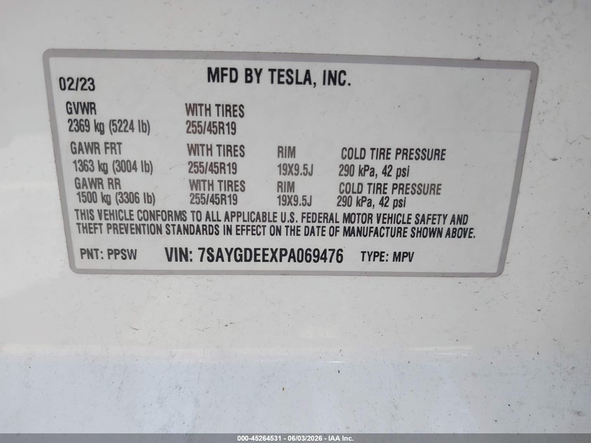 2023 Tesla Model y VIN 7SAYGDEEXPA069476 IAAI salvage auction — HAIL, Salvage Title, sold $18,200 on 2026-07-09 (photo 9)