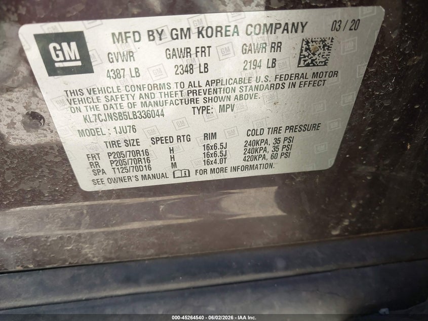 2020 Chevrolet Trax VIN KL7CJNSB5LB336044 IAAI salvage auction — FRONT END, Salvage Title, sold $1,850 on 2026-07-06 (photo 9)