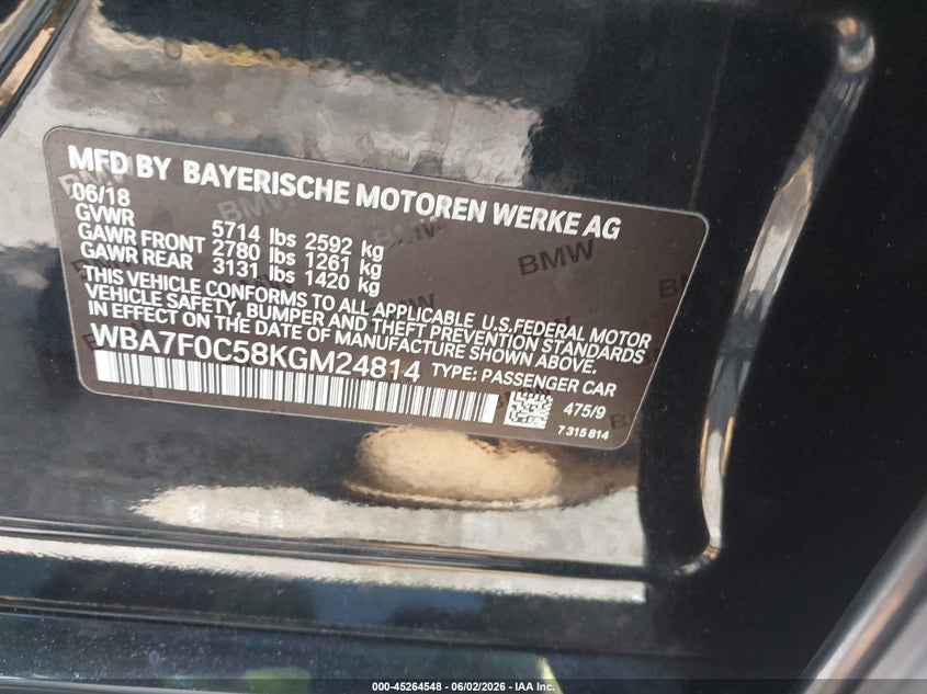2019 BMW 7er VIN WBA7F0C58KGM24814 IAAI salvage auction — FRONT END, Salvage Title, sold $5,900 on 2026-07-15 (photo 9)