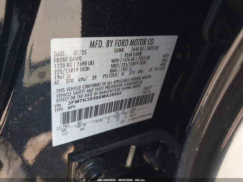 2025 Ford Mustang mach-e VIN 3FMTK3S59SMA38565 IAAI salvage auction — REAR END, Salvage Title, sold $9,700 on 2026-07-30 (photo 9)