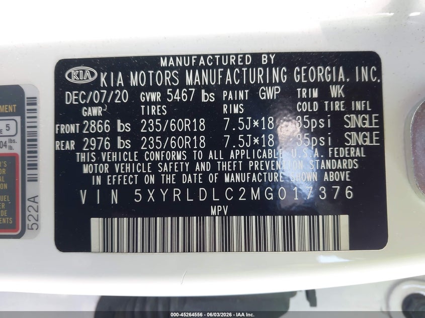 2021 Kia Sorento VIN 5XYRLDLC2MG017376 IAAI salvage auction — FRONT END, Salvage Title, sold $5,500 on 2026-07-14 (photo 9)