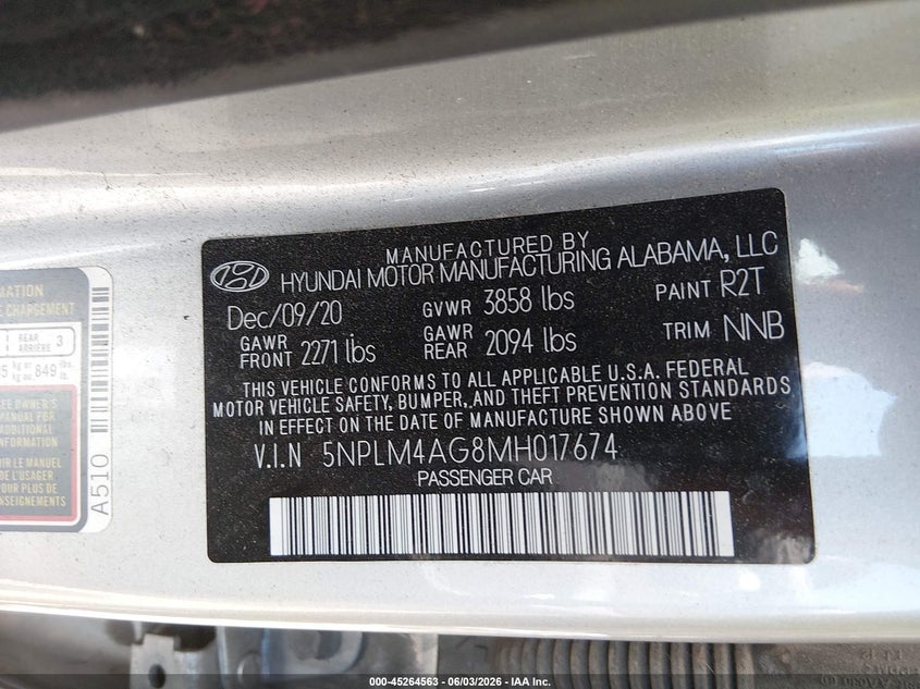 2021 Hyundai Elantra VIN 5NPLM4AG8MH017674 IAAI salvage auction — REAR END, Salvage (West Virginia), sold $1,250 on 2026-07-23 (photo 9)
