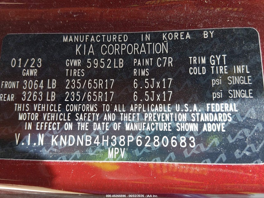 2023 Kia Carnival VIN KNDNB4H38P6280683 IAAI salvage auction — HAIL, Salvage (Missouri), sold $7,700 on 2026-07-22 (photo 9)