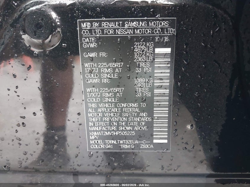 2017 Nissan Rogue VIN KNMAT2MV5HP505225 IAAI salvage auction — RIGHT FRONT, Salvage Title, sold $2,800 on 2026-07-20 (photo 9)