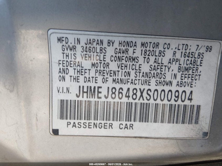 1999 Honda Civic VIN JHMEJ8648XS000904 IAAI salvage auction — NORMAL WEAR, Clear (Nevada), sold $200 on 2026-07-17 (photo 9)