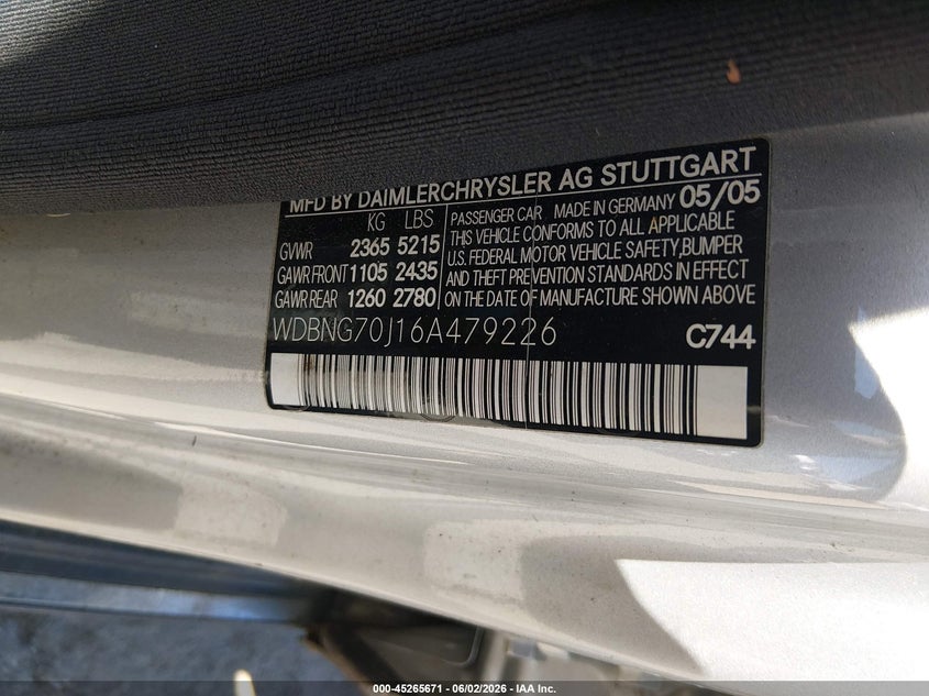 2006 Mercedes-benz VIN WDBNG70J16A479226 IAAI salvage auction — NORMAL WEAR, Clear (Virginia), sold $425 on 2026-07-17 (photo 9)