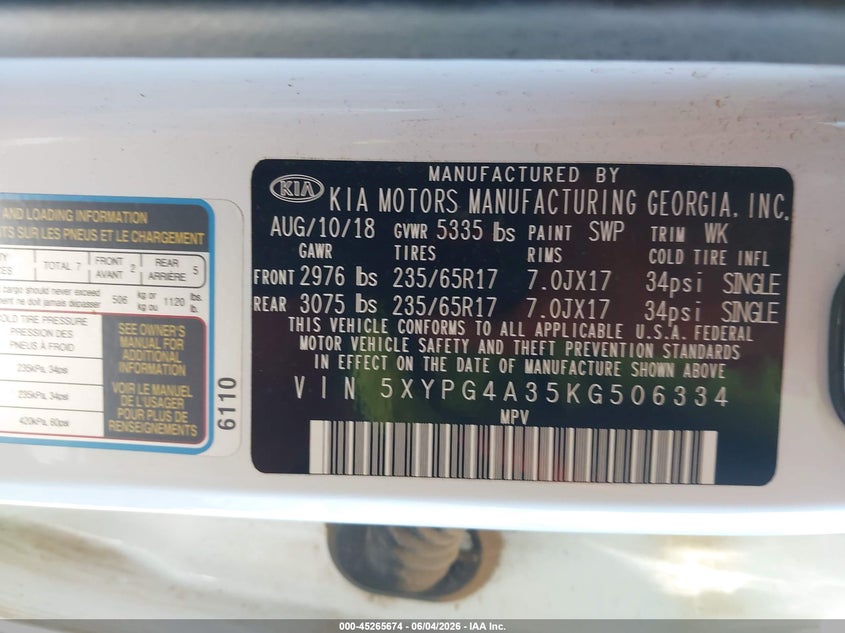 2019 Kia Sorento VIN 5XYPG4A35KG506334 IAAI salvage auction — FRONT END, Salvage (Georgia), sold $2,300 on 2026-07-06 (photo 9)