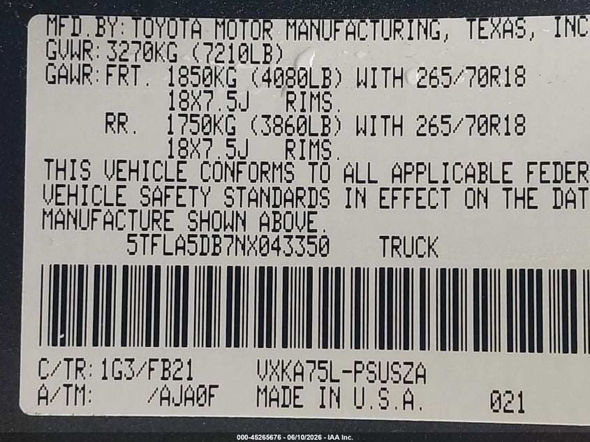 2022 Toyota Tundra VIN 5TFLA5DB7NX043350 IAAI salvage auction — RIGHT SIDE, Salvage - Greater Than 75% (Maryland), sold $14,750 on 2026-07-07 (photo 9)