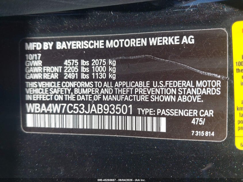 2018 BMW 4er VIN WBA4W7C53JAB93501 IAAI salvage auction — REAR END, Salvage (Alabama), sold $8,800 on 2026-07-29 (photo 9)