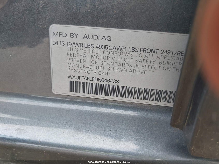 2013 Audi A4 VIN WAUFFAFL8DN046438 IAAI salvage auction — FRONT END, Salvage (Illinois), sold $1,200 on 2026-07-06 (photo 9)
