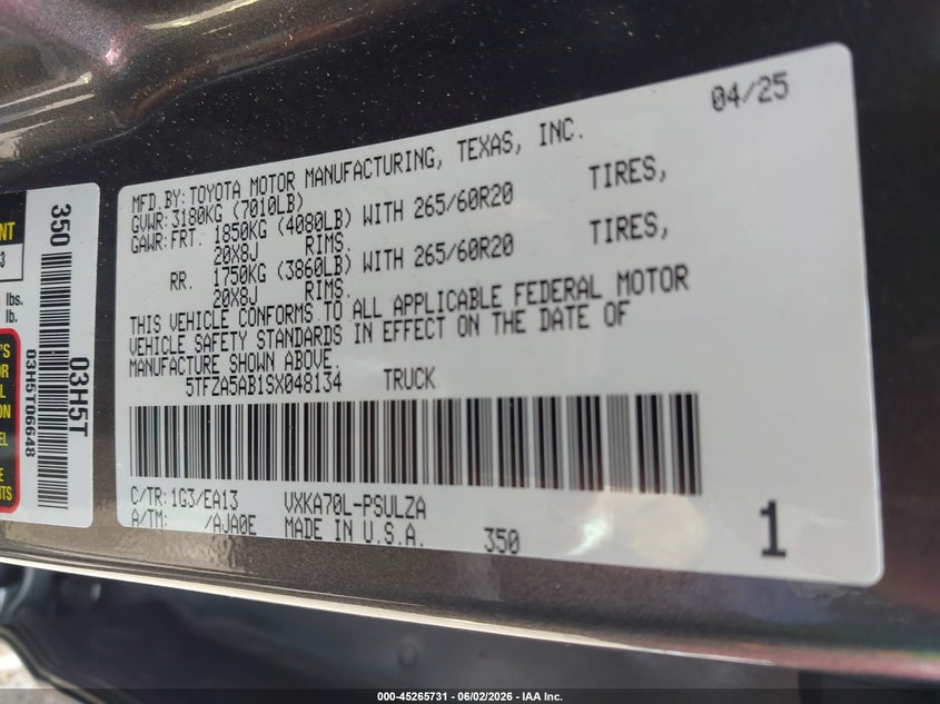 2025 Toyota Tundra VIN 5TFZA5AB1SX048134 IAAI salvage auction — ROLLOVER, Salvage (Louisiana), sold $12,000 on 2026-07-29 (photo 9)