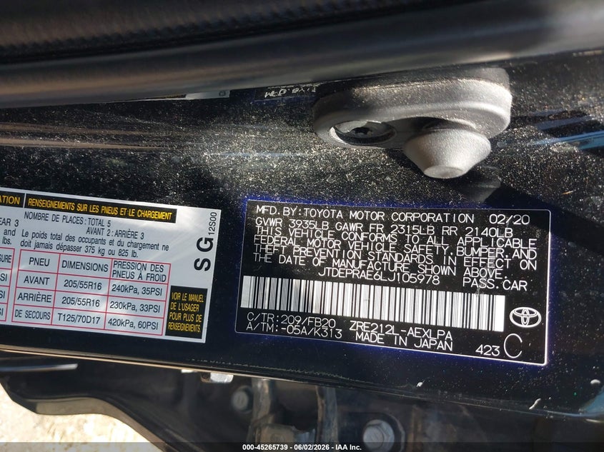 2020 Toyota Corolla VIN JTDEPRAE6LJ105978 IAAI salvage auction — RIGHT SIDE, Salvage Title, sold $5,150 on 2026-07-14 (photo 9)