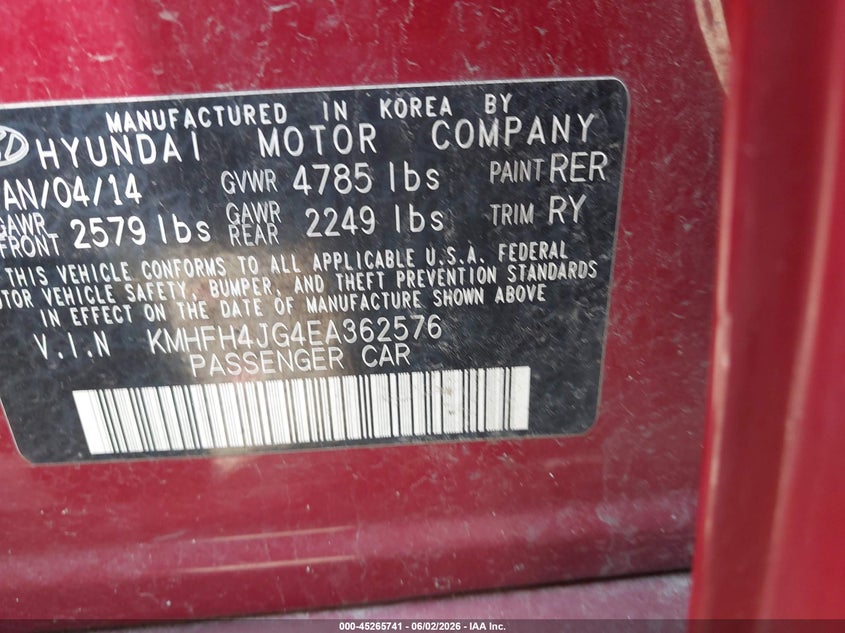 2014 Hyundai Azera VIN KMHFH4JG4EA362576 IAAI salvage auction — NORMAL WEAR, Clear (Arkansas), sold $700 on 2026-07-08 (photo 9)