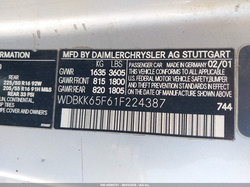 2001 Mercedes-benz Slk-class VIN WDBKK65F61F224387 IAAI salvage auction — HAIL, Clear (Missouri), sold $1,200 on 2026-07-06 (photo 9)
