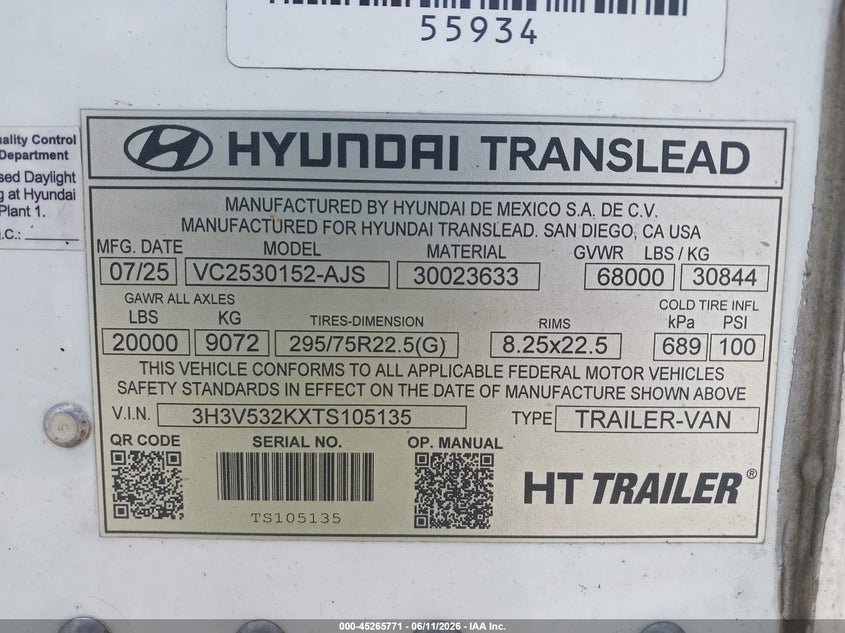 2026 Hyundai translead inc Unknown VIN 3H3V532KXTS105135 IAAI salvage auction — SIDE, Wait Title, sold $525 on 2026-09-02 (photo 9)