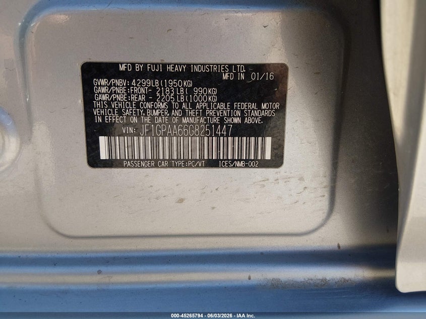 2016 Subaru Impreza VIN JF1GPAA66G8251447 IAAI salvage auction — LEFT REAR, Salvage (Nevada), sold $2,650 on 2026-07-24 (photo 9)