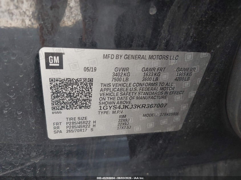 2019 Cadillac Escalade VIN 1GYS4JKJ3KR367007 IAAI salvage auction — SIDE, Salvage Title, sold $10,600 on 2026-07-30 (photo 9)