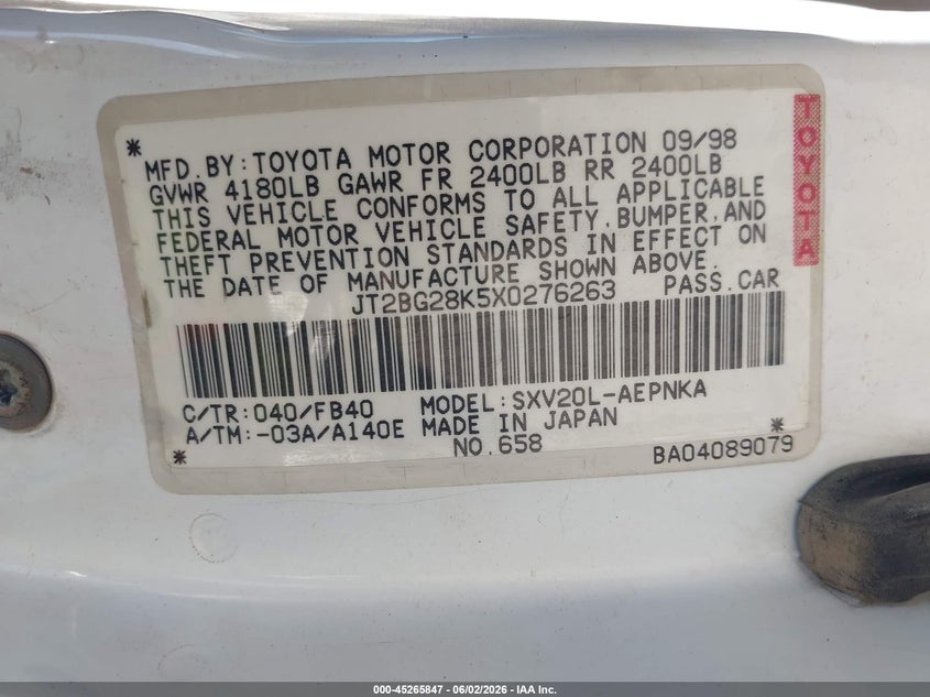 1999 Toyota Camry VIN JT2BG28K5X0276263 IAAI salvage auction — LEFT FRONT, Salvage (Arizona), sold $250 on 2026-07-07 (photo 9)