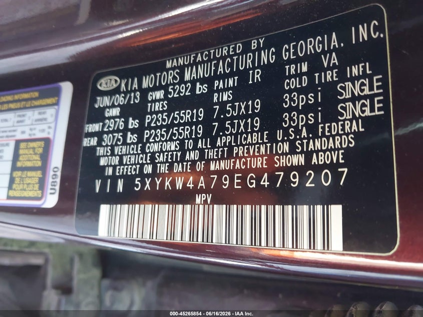 2014 Kia Sorento VIN 5XYKW4A79EG479207 IAAI salvage auction — FRONT END, Salvage (Kentucky), sold $1,900 on 2026-07-20 (photo 9)