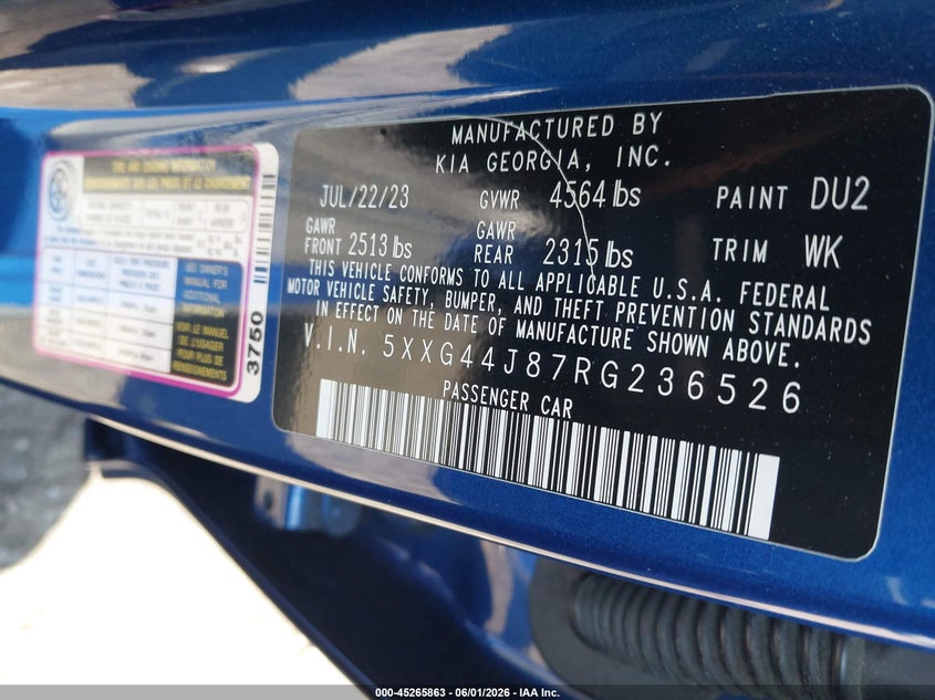2024 Kia K5 VIN 5XXG44J87RG236526 IAAI salvage auction — SIDE, Salvage Title, sold $7,075 on 2026-07-17 (photo 9)