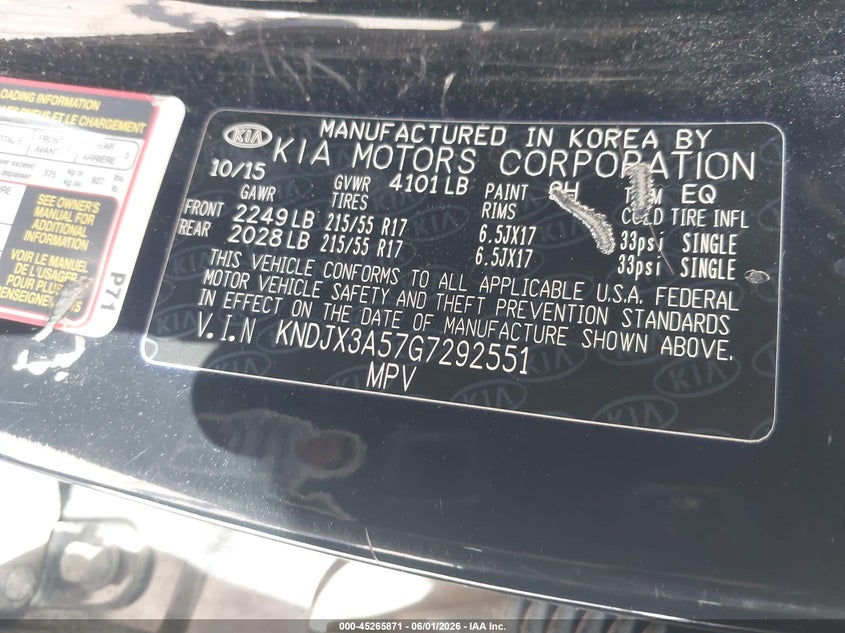 2016 Kia Soul VIN KNDJX3A57G7292551 IAAI salvage auction — NORMAL WEAR, Clear - Dealer Only (California), sold $600 on 2026-07-14 (photo 9)