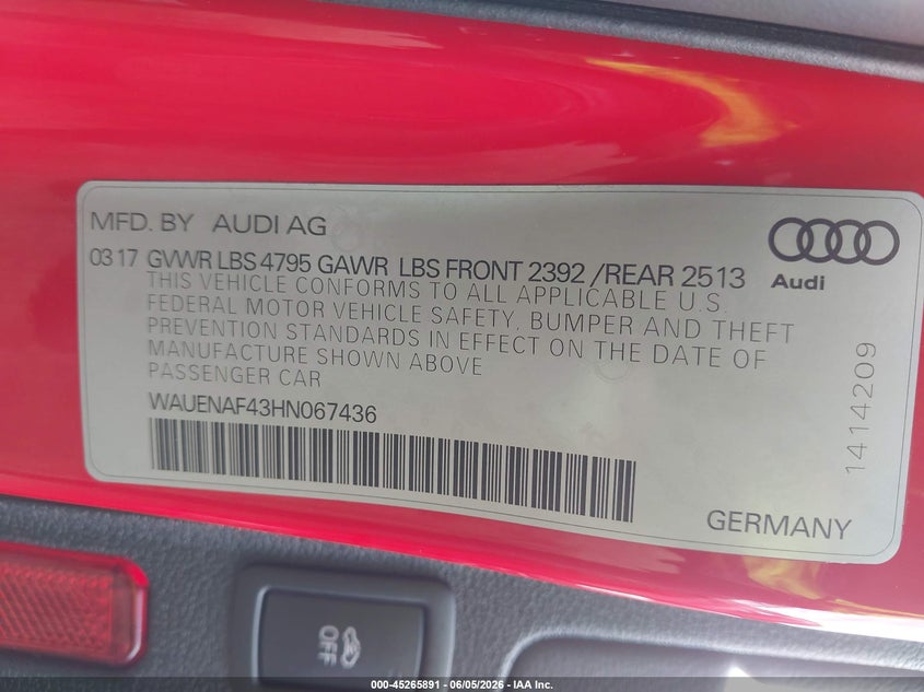 2017 Audi A4 VIN WAUENAF43HN067436 IAAI salvage auction — FRONT END, Bill Of Sale (Washington), sold $1,650 on 2026-07-14 (photo 9)