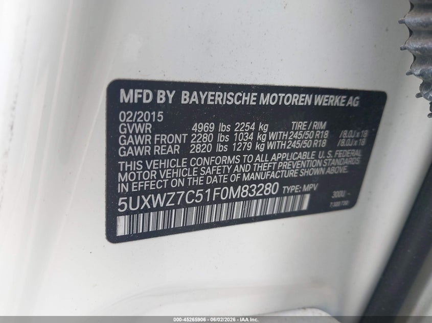 2015 BMW X3 VIN 5UXWZ7C51F0M83280 IAAI salvage auction — NORMAL WEAR, Repossession Paperwork (Georgia), sold $875 on 2026-07-15 (photo 9)