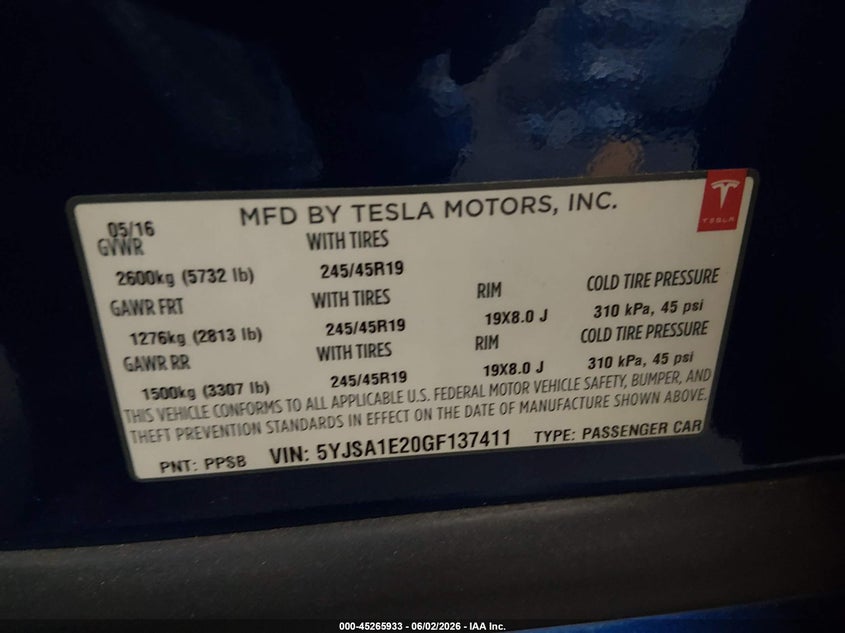 2016 Tesla Model s VIN 5YJSA1E20GF137411 IAAI salvage auction — FRONT END, Salvage Title, sold $4,250 on 2026-07-09 (photo 9)
