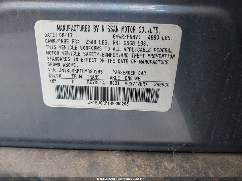 2017 Infiniti Qx50 VIN JN1BJ0RP1HM390295 IAAI salvage auction — ROLLOVER, Original (Texas), sold $1,350 on 2026-07-22 (photo 9)