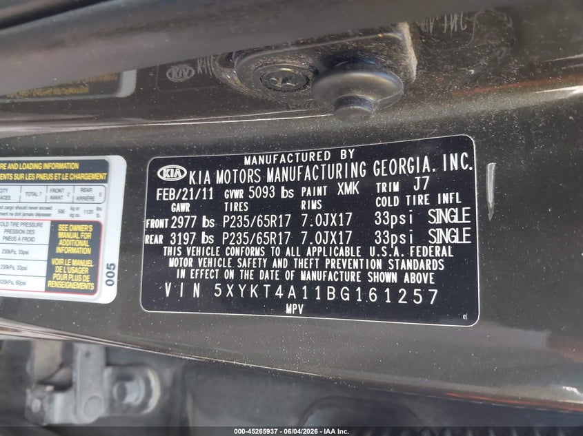 2011 Kia Sorento VIN 5XYKT4A11BG161257 IAAI salvage auction — LEFT FRONT, Salvage (Texas), sold $600 on 2026-07-08 (photo 9)