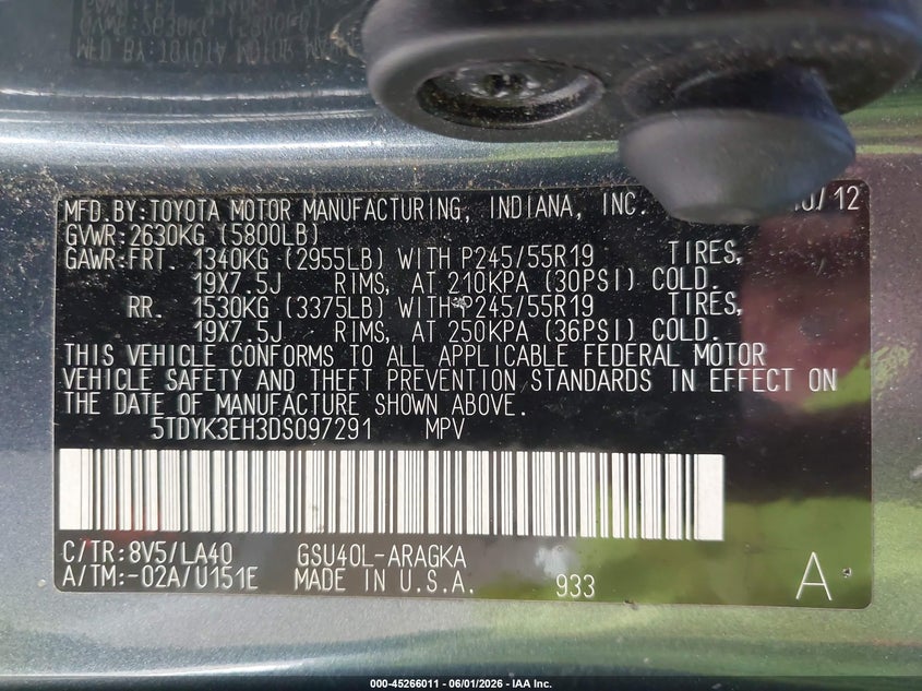 2013 Toyota Highlander VIN 5TDYK3EH3DS097291 IAAI salvage auction — LEFT SIDE, Salvage Title, sold $5,650 on 2026-07-13 (photo 9)