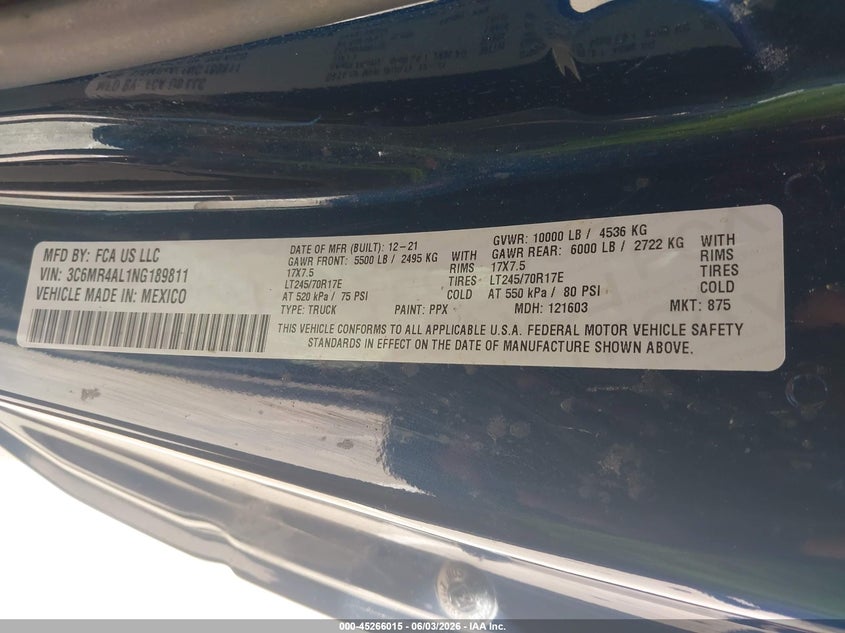 2022 Ram 2500 VIN 3C6MR4AL1NG189811 IAAI salvage auction — FRONT END, Salvage Title, sold $6,050 on 2026-07-18 (photo 9)