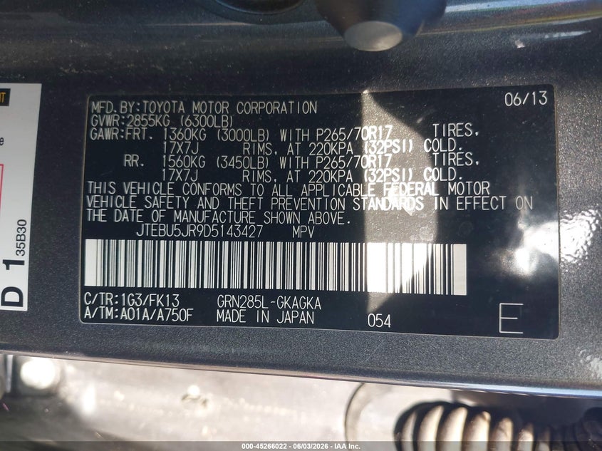 2013 Toyota 4runner VIN JTEBU5JR9D5143427 IAAI salvage auction — RIGHT FRONT, Salvage Title, sold $5,600 on 2026-07-22 (photo 9)