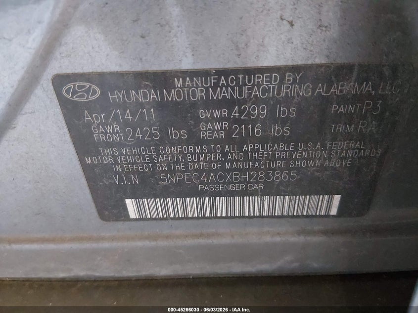 2011 Hyundai Sonata VIN 5NPEC4ACXBH283865 IAAI salvage auction — FRONT END, Clear (Tennessee), sold $275 on 2026-07-06 (photo 9)