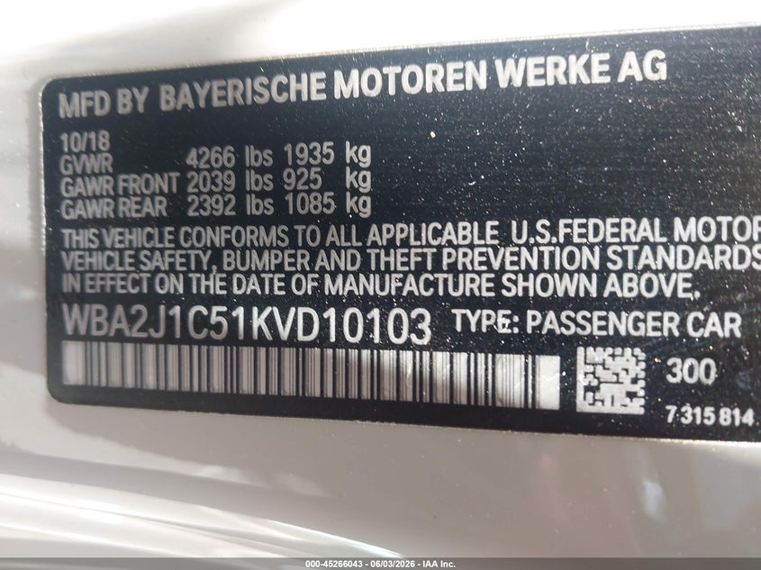 2019 BMW 2er VIN WBA2J1C51KVD10103 IAAI salvage auction — RIGHT SIDE, Salvage Title, sold $6,100 on 2026-07-15 (photo 9)