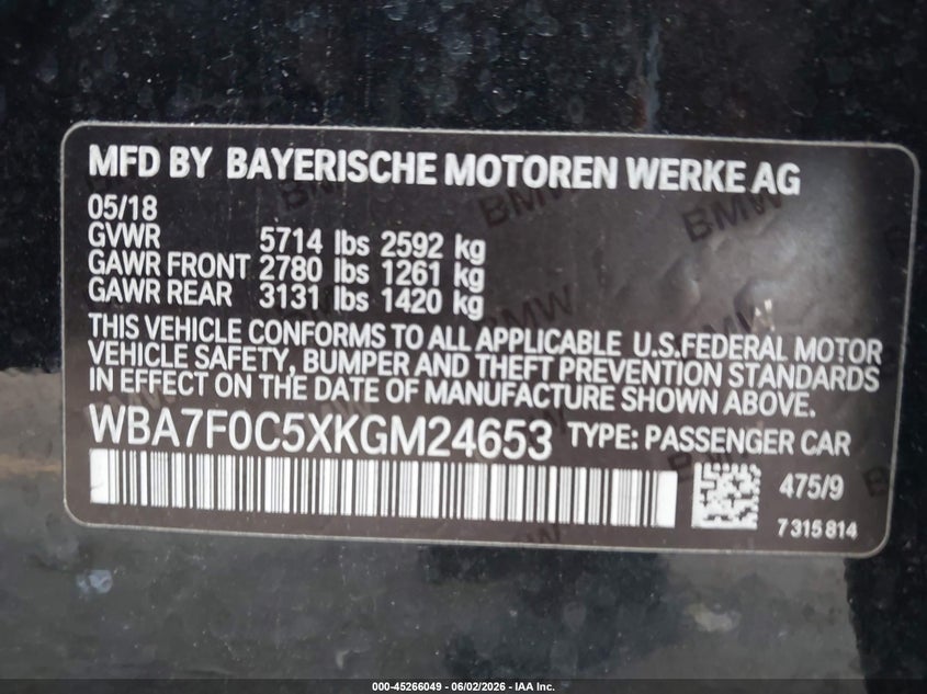 2019 BMW 7er VIN WBA7F0C5XKGM24653 IAAI salvage auction — RIGHT FRONT, Salvage Title, sold $5,600 on 2026-07-08 (photo 9)