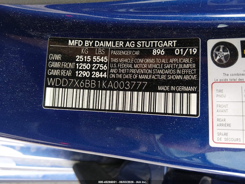 2019 Mercedes-benz VIN WDD7X6BB1KA003777 IAAI salvage auction — HAIL, Salvage Title, sold $36,750 on 2026-08-10 (photo 9)