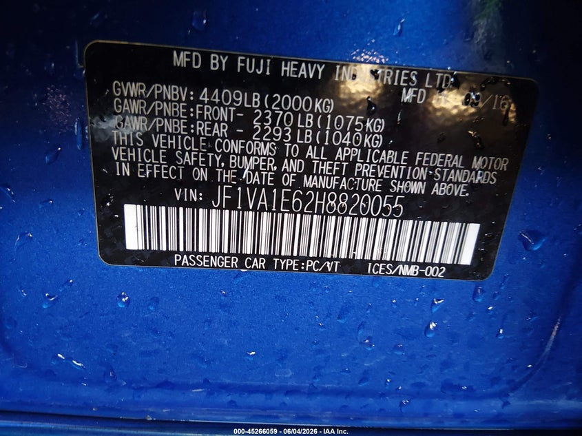 2017 Subaru Wrx VIN JF1VA1E62H8820055 IAAI salvage auction — RIGHT FRONT, Salvage Title, sold $2,850 on 2026-07-21 (photo 9)