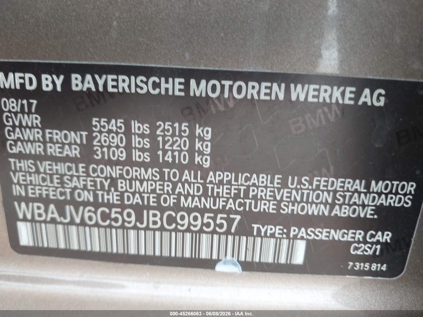 2018 BMW 6er VIN WBAJV6C59JBC99557 IAAI salvage auction — FRONT END, Original (Texas), sold $9,500 on 2026-08-05 (photo 9)